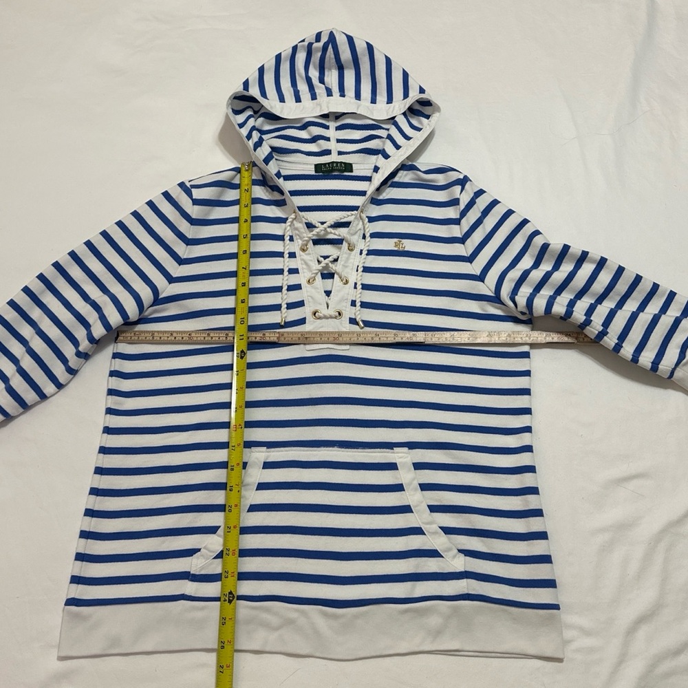 RALPH LAUREN BLUE WHITE STRIPED NAUTICAL V-NECK HOODIE POCKET XL SAILING PREPPY - Picture 4 of 10